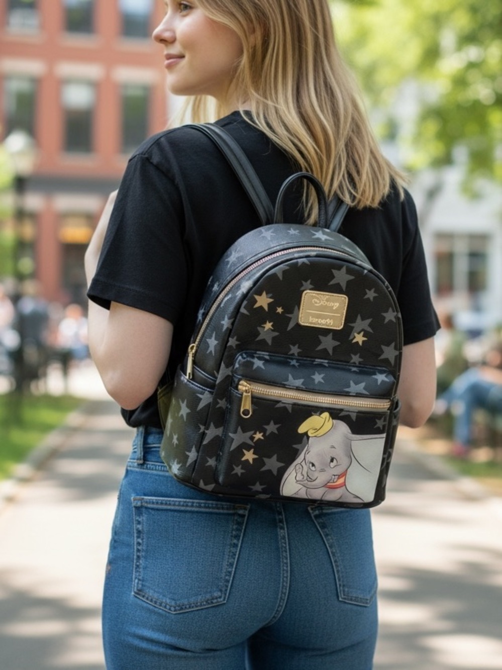 Loungefly Disney Dumbo Black and Gold Star Mini Backpack